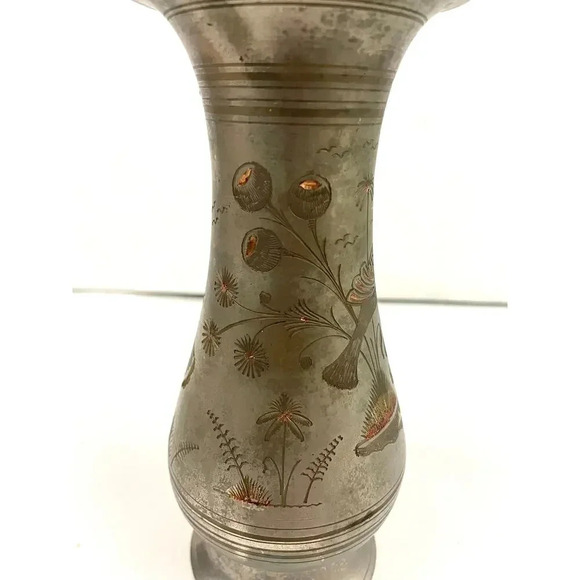 VTG Silver Tone Metal Middle Eastern Vase With Etching 8" Tall Birds Fish - Picture 5 of 14